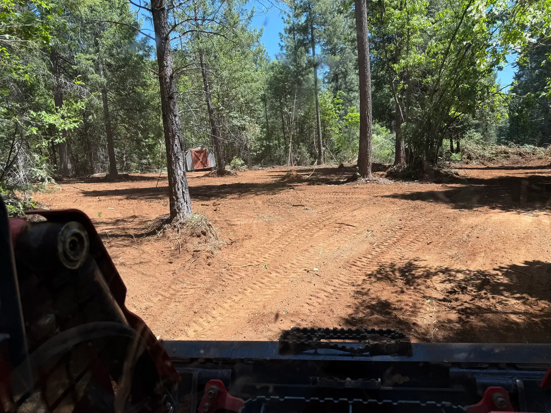 Cleared and graded dirt area in a wooded lot with an outbuilding